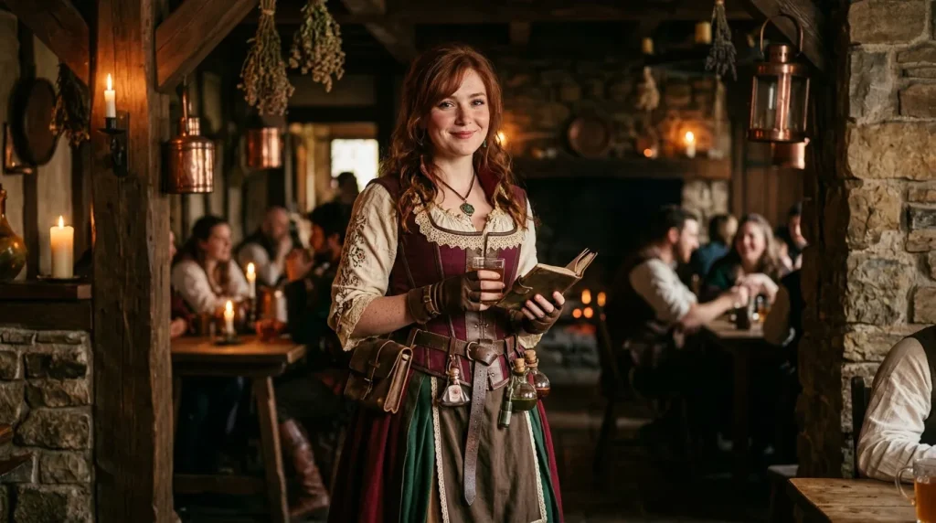 Femme en costume médiéval tenant un livre dans une taverne éclairée aux chandelles