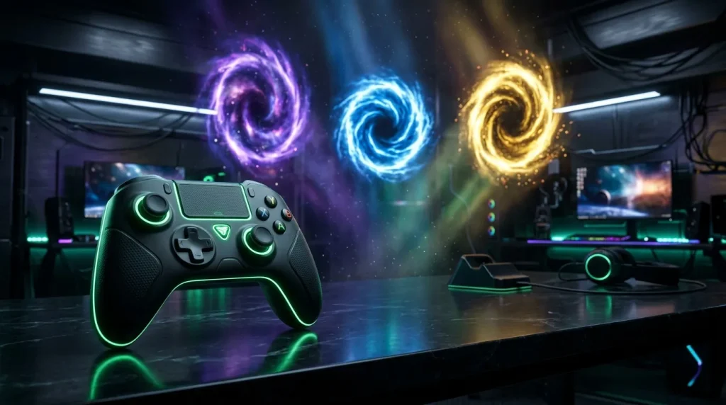 Manette de jeu neon verte devant portails magiques colorés
