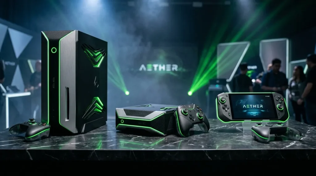 Ensemble complet gaming noir et vert avec PC, console et accessoires
