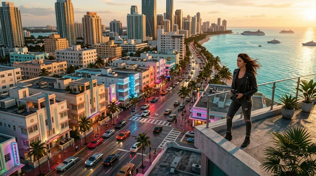 Femme admirant la vue panoramique de Miami Beach au coucher du soleil