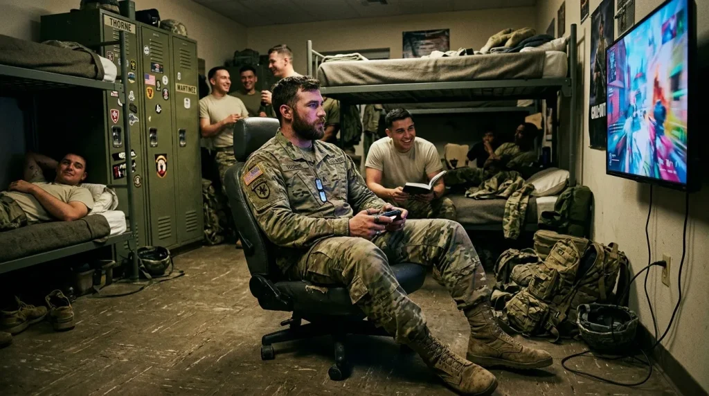 Militaires relaxent devant télévision dans dortoir spartiate
