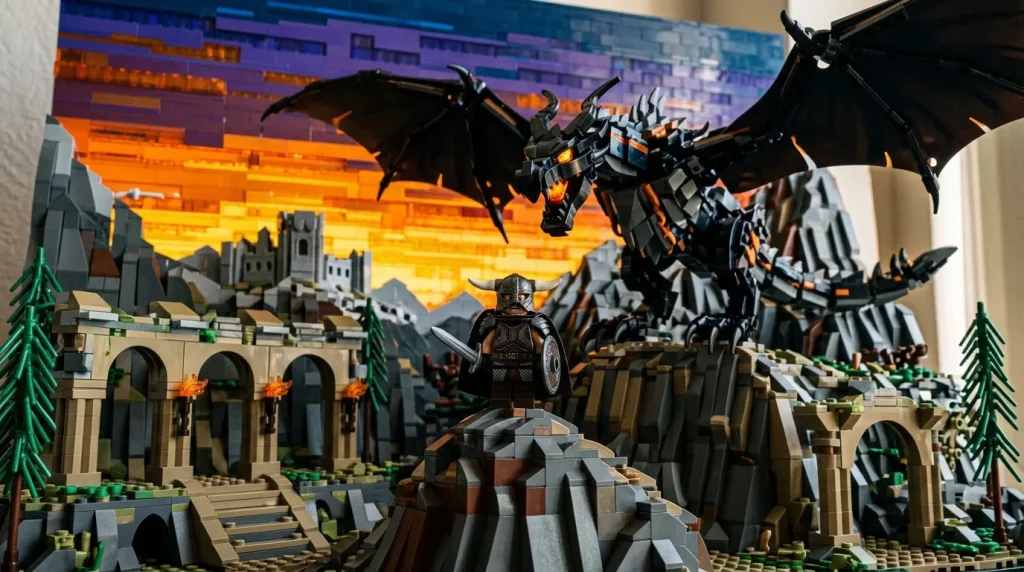 Figurine chevalier face dragon noir sur château Lego