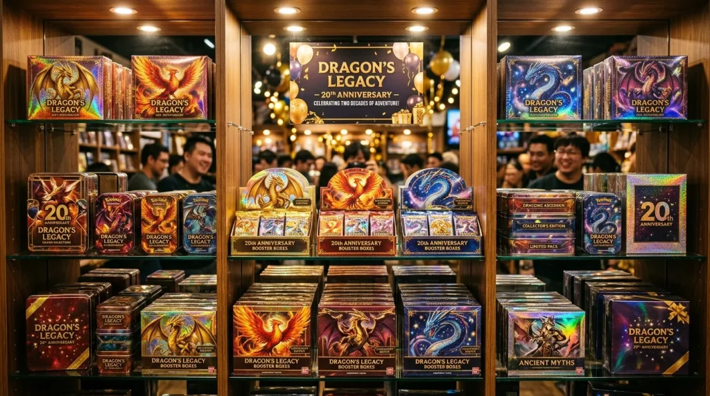 Vitrine magasin avec collections Dragon's Legacy 20e anniversaire illuminées