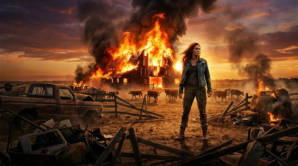 Femme debout ruines ferme en flammes coucher soleil