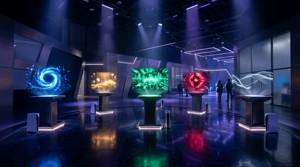Exposition interactive avec sculptures lumineuses colorées et néons