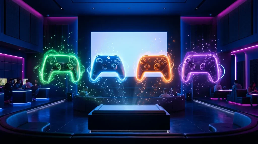 Quatre manettes de jeu illuminées en néon coloré dans une salle futuriste