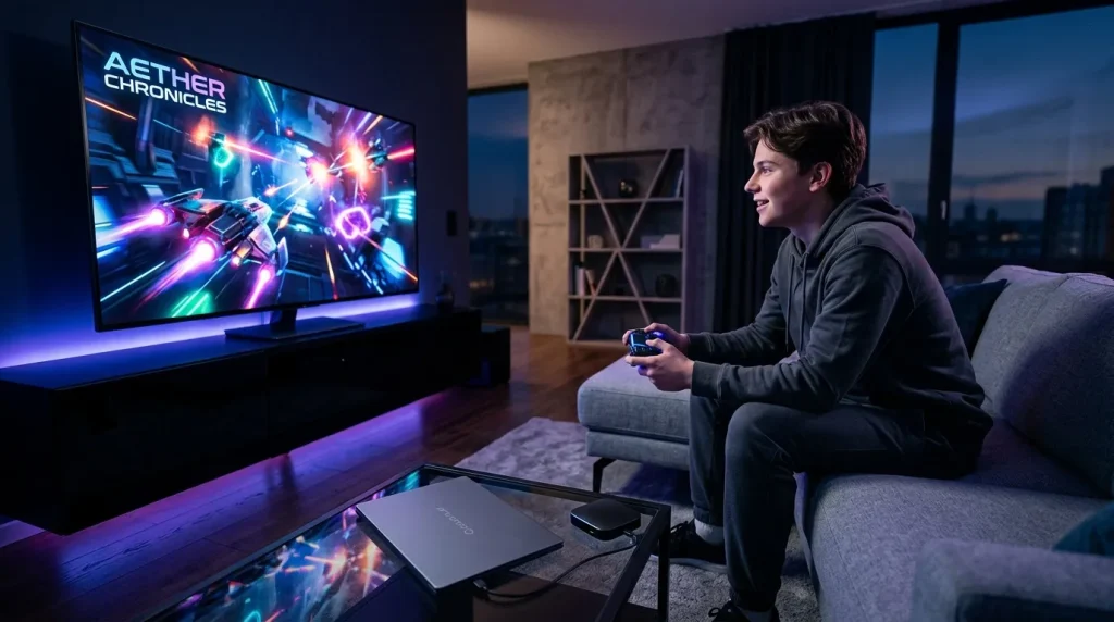 Jeune homme jouant à Aether Chronicles sur écran TV luminescent