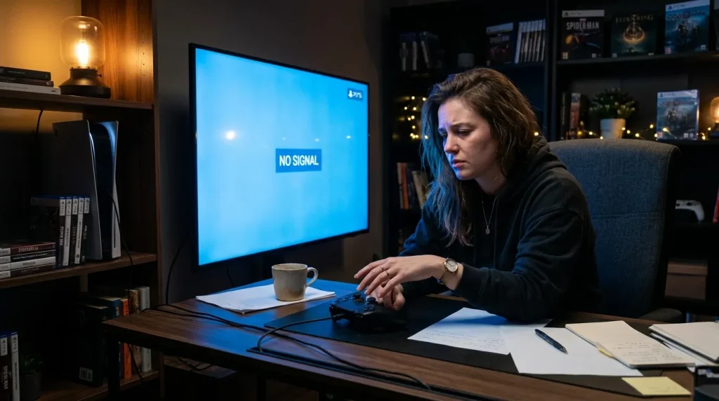 Femme jouant à la console devant écran affichant pas de signal