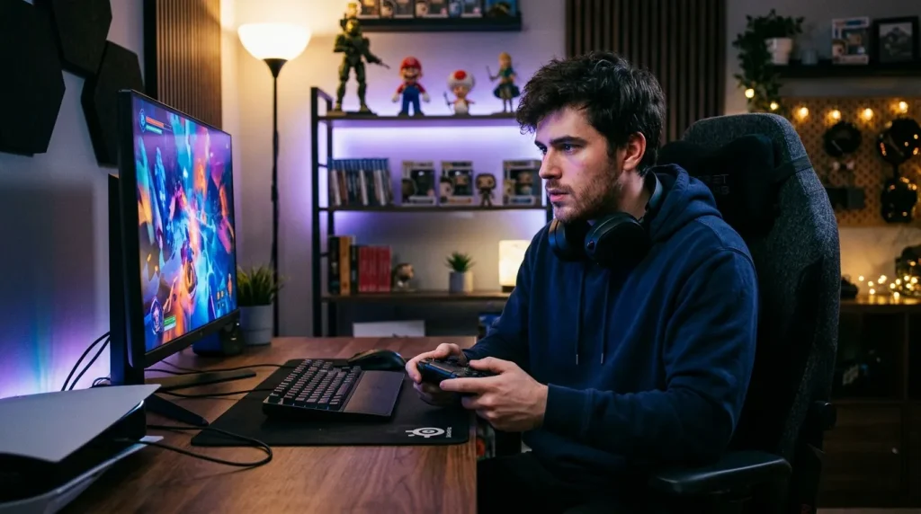 Jeune homme jouant à un jeu vidéo sur son ordinateur gaming