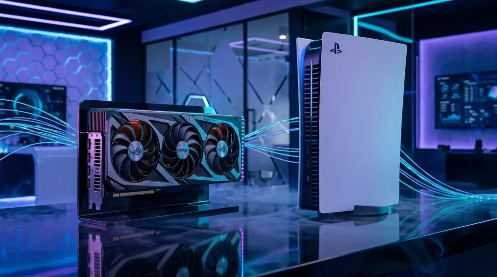 Carte graphique haute performance et console PS5 dans environnement futuriste
