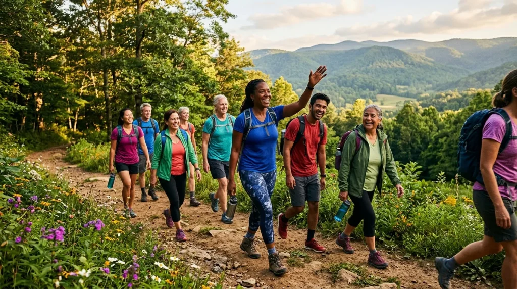 Groupe diversifié de personnes courant sur sentier montagneux verdoyant