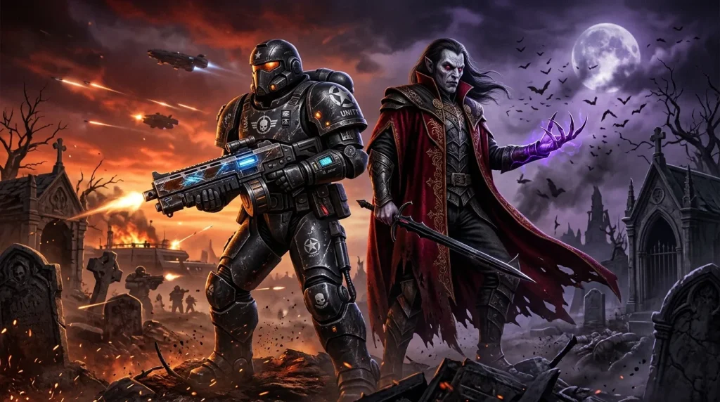 Soldat armé et vampire face à un cimetière apocalyptique