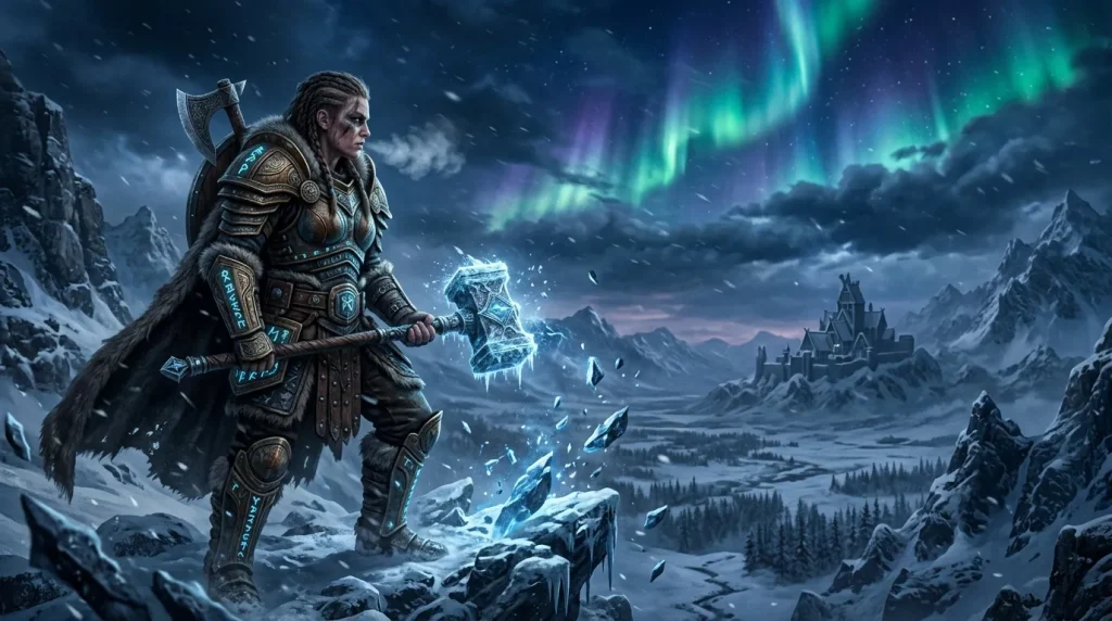 Guerrier en armure dorée maniant la magie de glace arctique