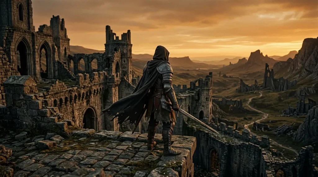 Chevalier armé contemplant ruines de château au coucher soleil