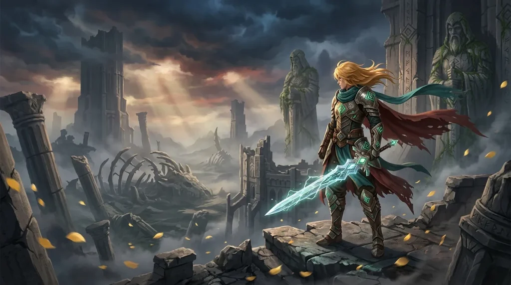Femme guerrière blonde avec épée magique bleue, ruines gothiques.