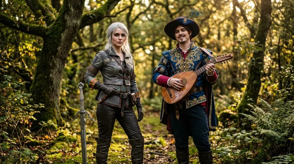 Deux personnages fantasy en costume médiéval dans une forêt enchantée.