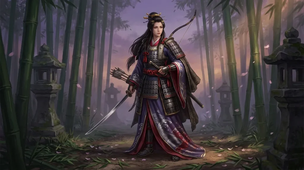 Femme guerrière en armure japonaise traditionnelle, forêt de bambou.
