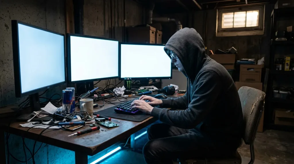 Personne en hoodie devant trois écrans d'ordinateur