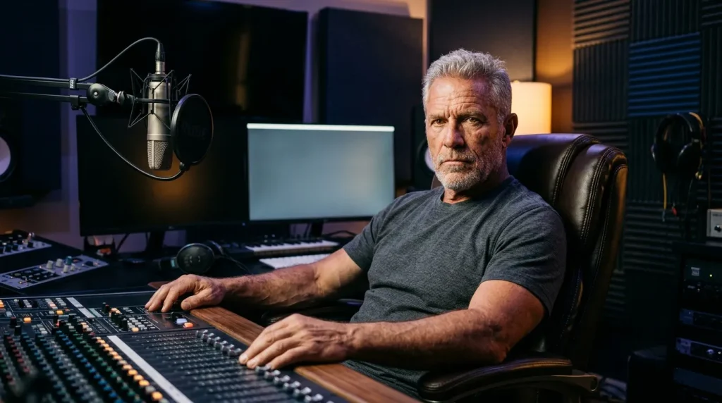 Homme aux cheveux gris travaillant à une console de mixage audio en studio