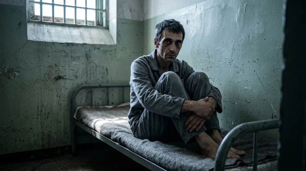Homme assis seul sur lit en cellule de prison