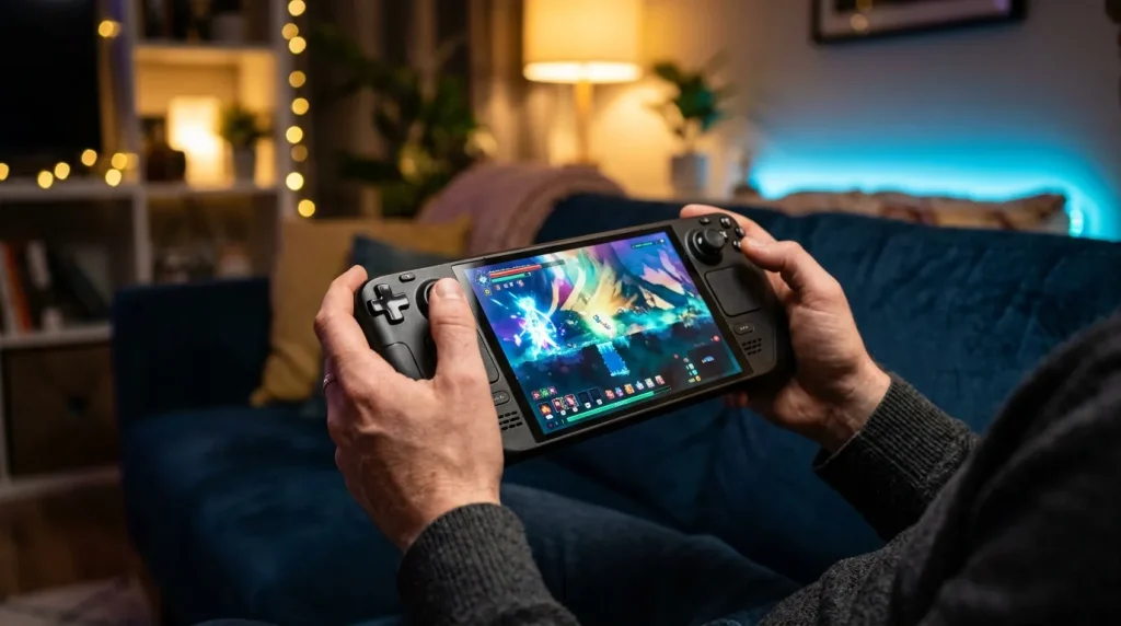 Homme jouant à un jeu vidéo sur console portable tactile.