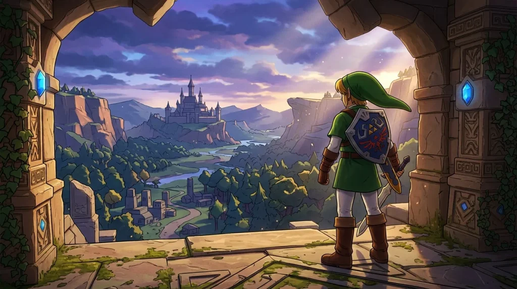 Jeune héros en vert contemplant un château dans une vallée fantastique