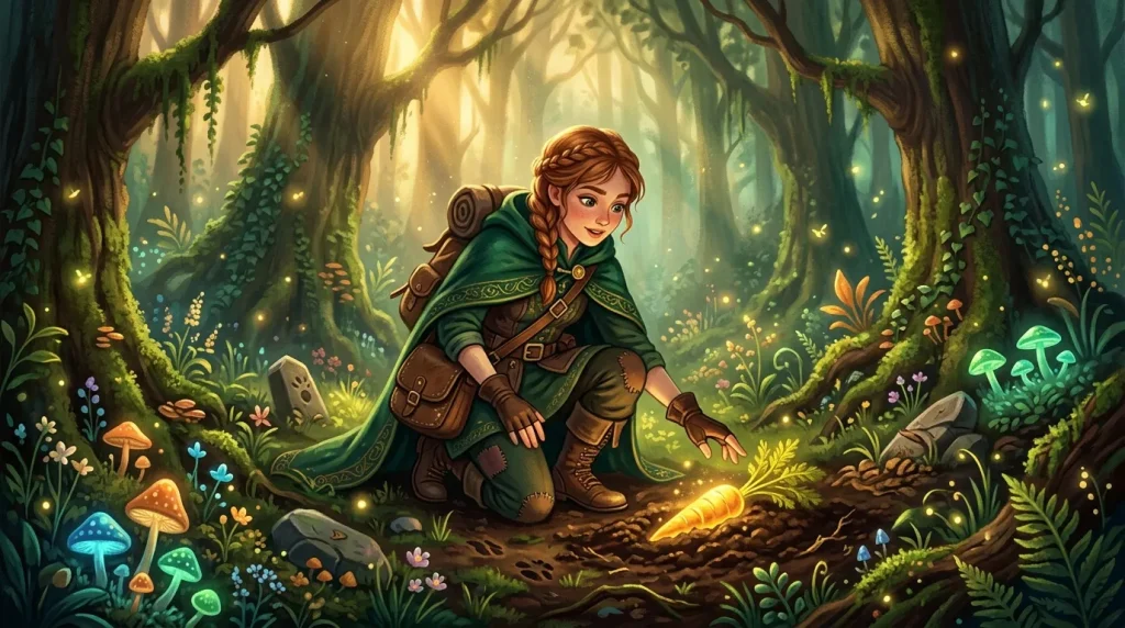 Jeune fille explorer une forêt magique lumineuse avec champignons