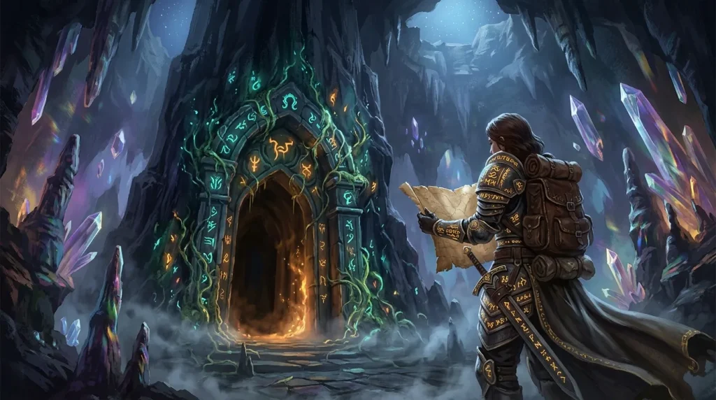 Aventurier face à une porte magique illuminée dans une caverne cristalline