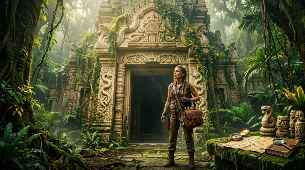 Aventurière devant temple ancien envahi par jungle luxuriante