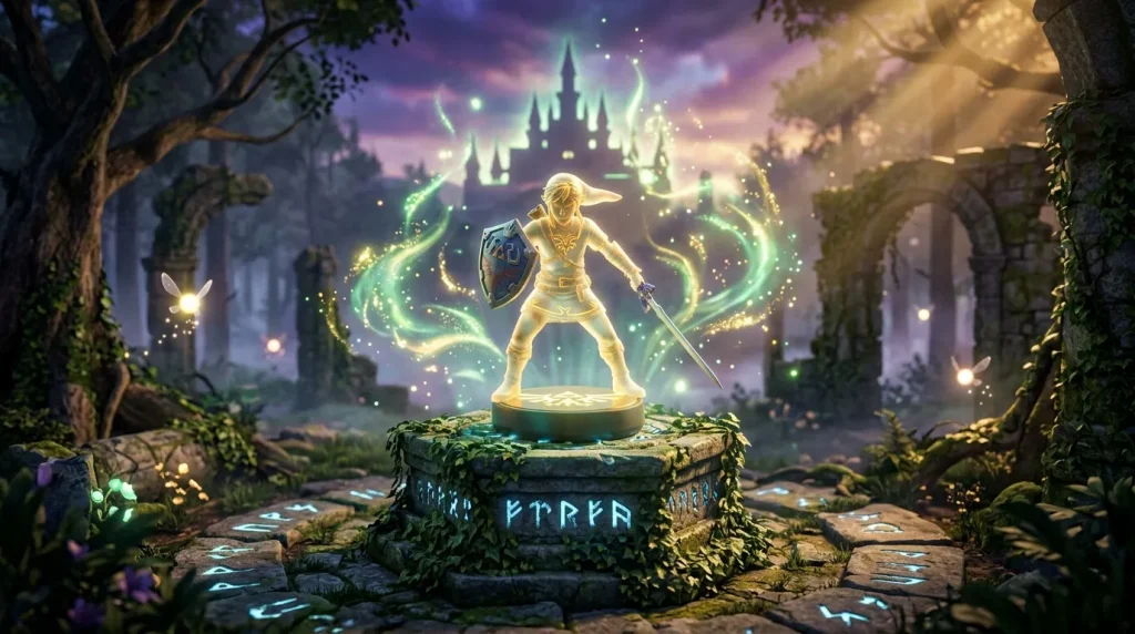 Guerrière dorée avec bouclier devant château magique luminescent
