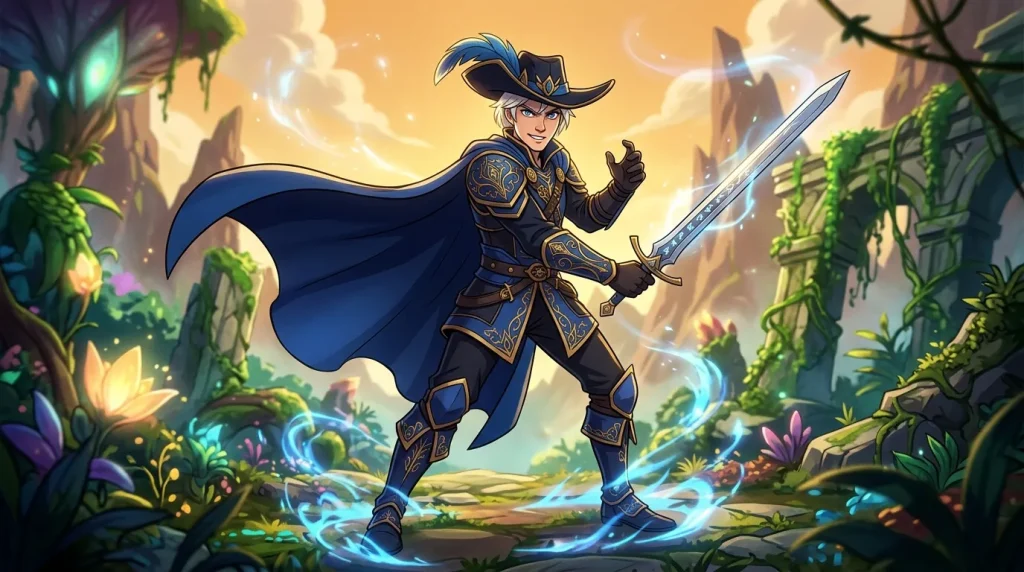 Guerrier en armure bleue et or avec épée magique dans une jungle enchantée
