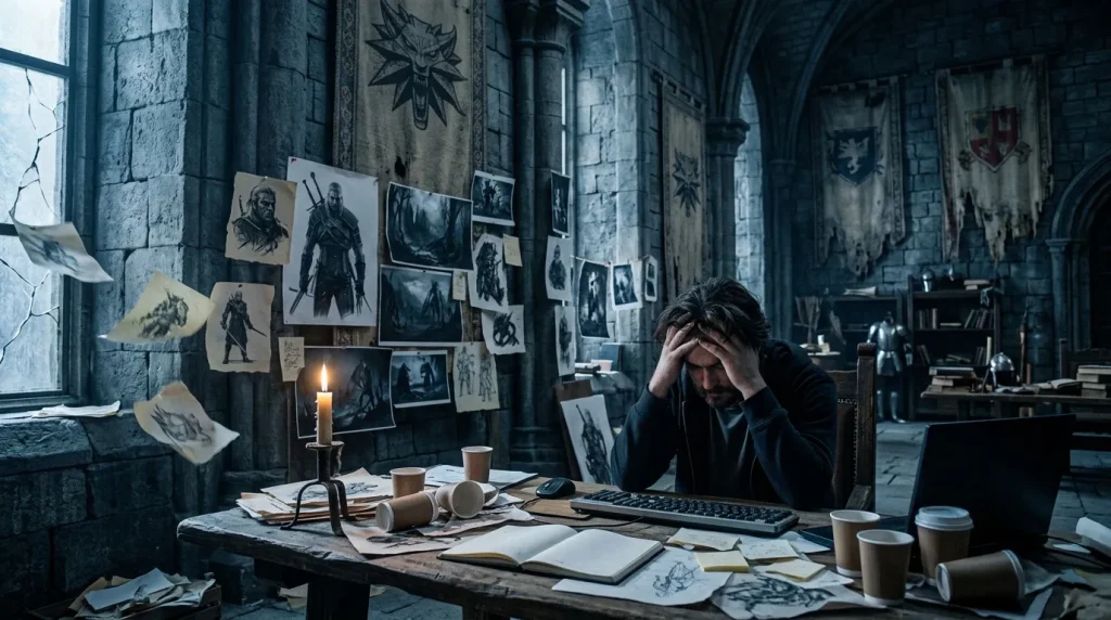 Artiste travaillant à son bureau entouré de croquis et inspirations.