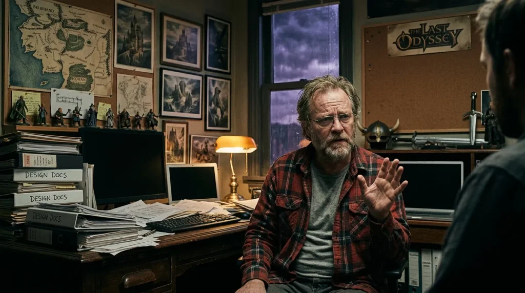 Homme barbu dans bureau fantasy avec cartes et figurines médiévales