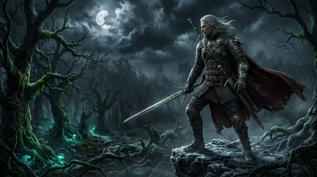 Guerrier en armure avec épée sous lune, forêt sombre.