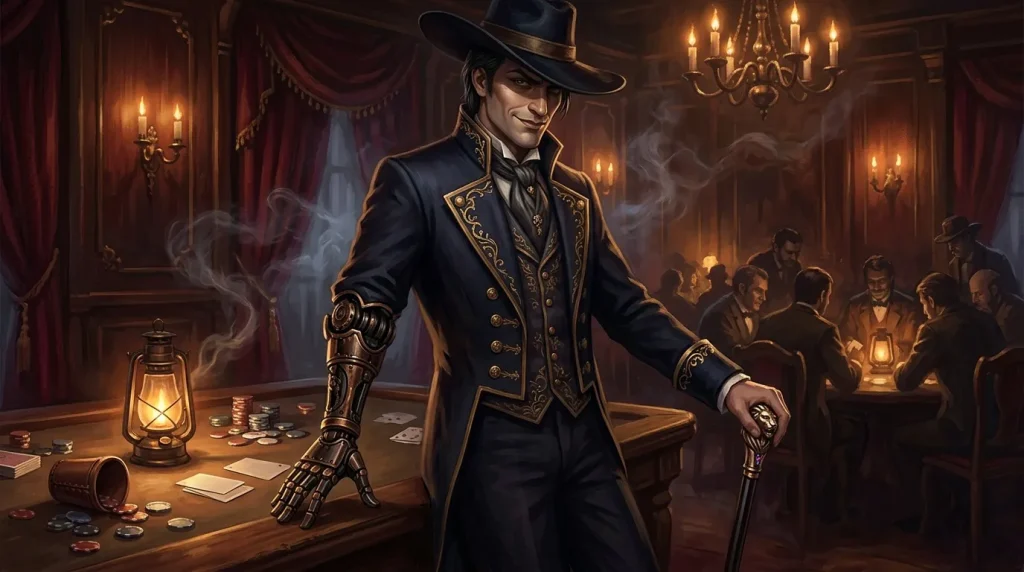Homme élégant en costume steampunk noir et or, main mécanique, casino