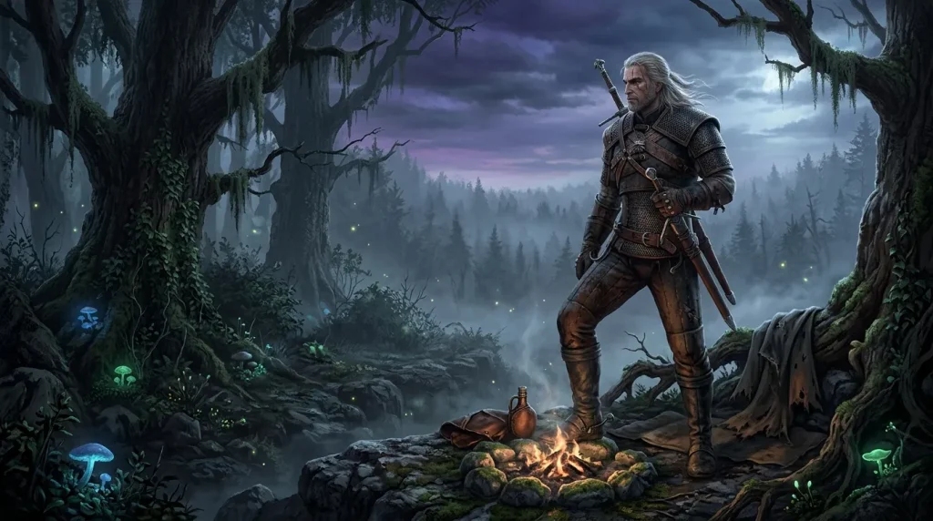 Guerrier blanc en armure dans forêt mystique avec champignons luminescents