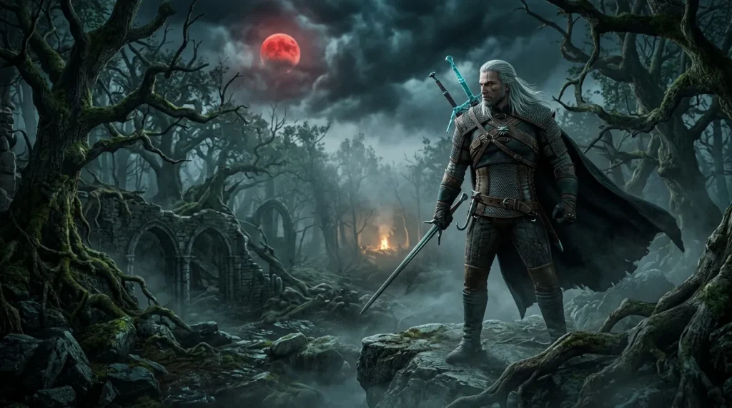 Guerrier blanc aux épées sous lune rouge, forêt mystérieuse
