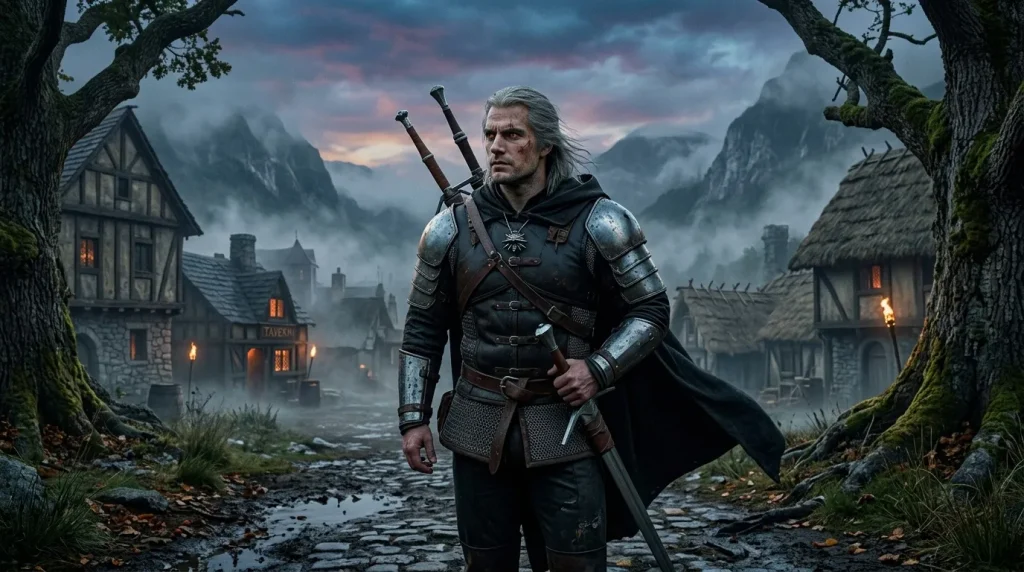 Guerrier en armure avec épées devant village médiéval montagneux