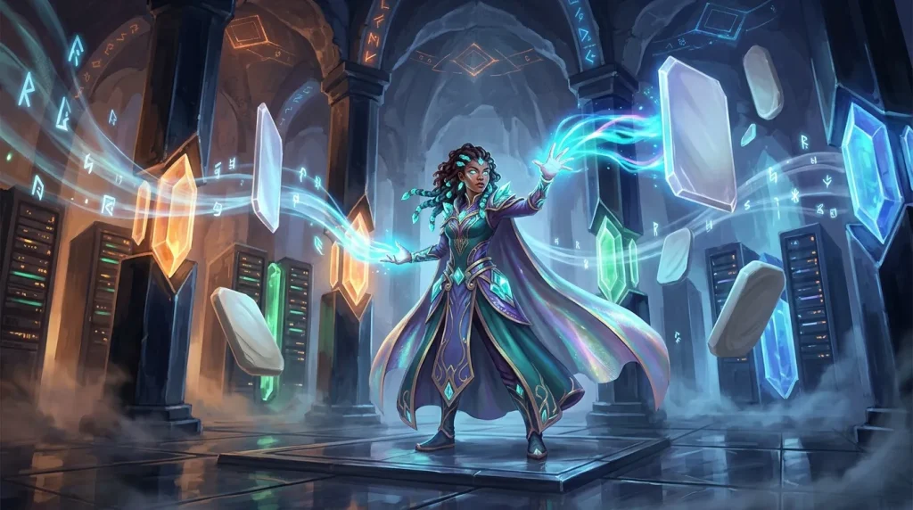 Mage casting spell in futuristic city with neon lights
