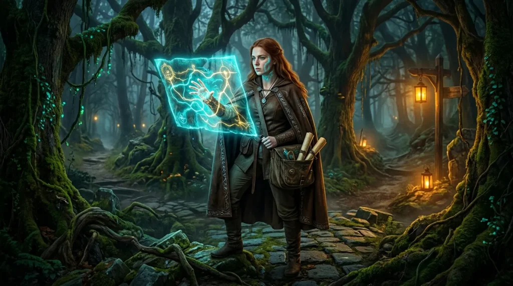 Femme rousse tenant un grimoire lumineux dans une forêt mystique