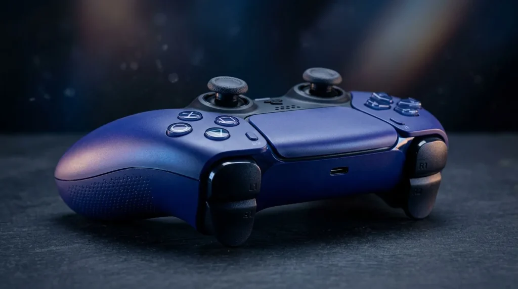 Manette gaming bleue avec joysticks et boutons