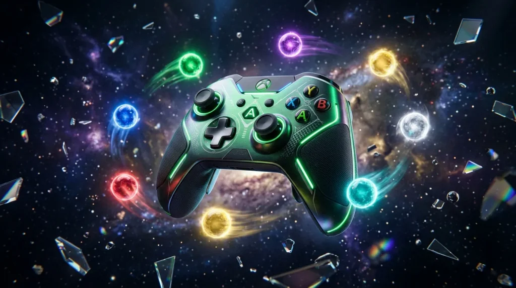 Manette gaming verte entourée de sphères énergétiques colorées dans l'espace