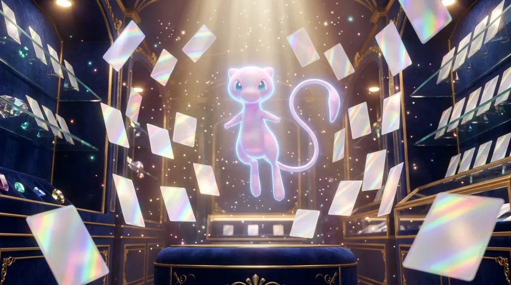Pokémon Mew néon rose brillant sur scène dorée