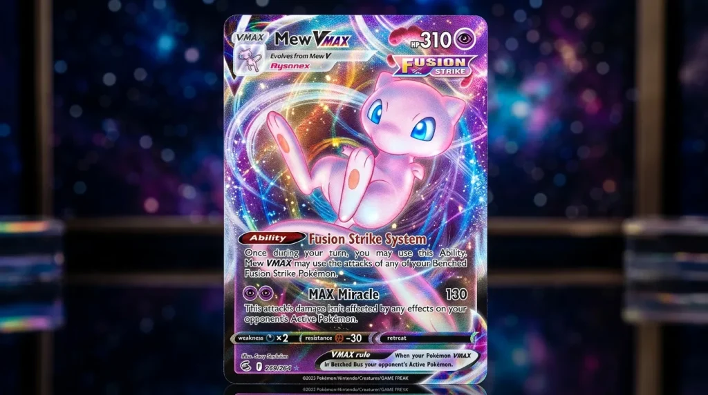 Carte Pokémon Mew VMAX rose avec attaque MAX Miracle