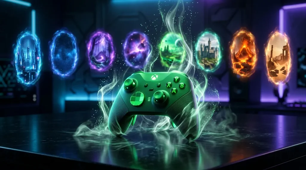 Manette Xbox verte entourée de portails lumineux colorés