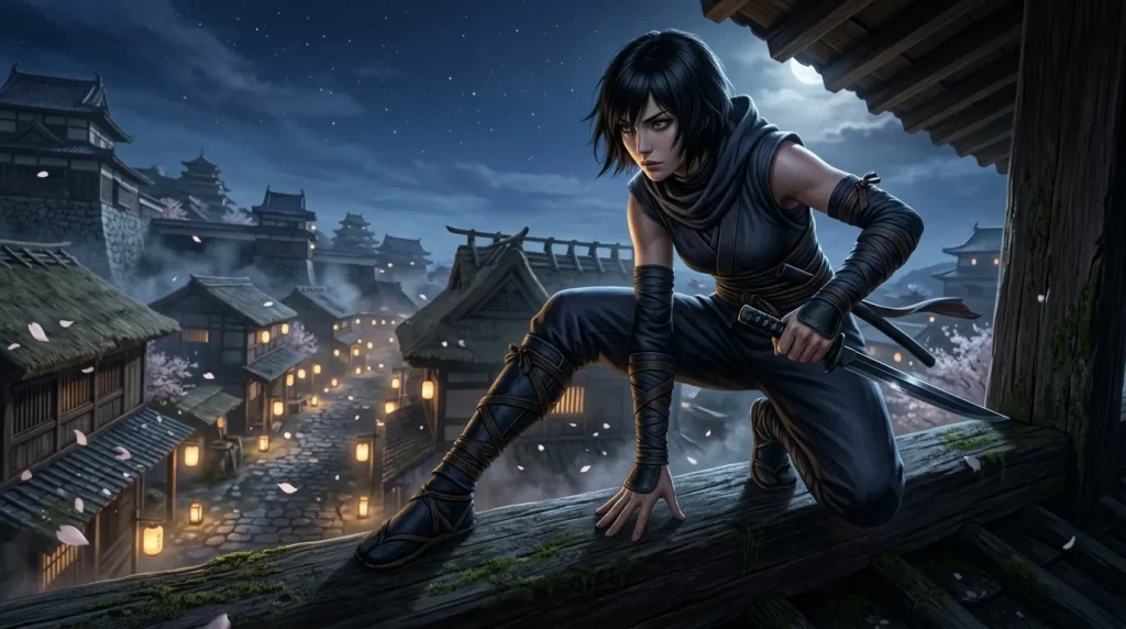 Femme ninja en noir sur toits asiatiques illuminés