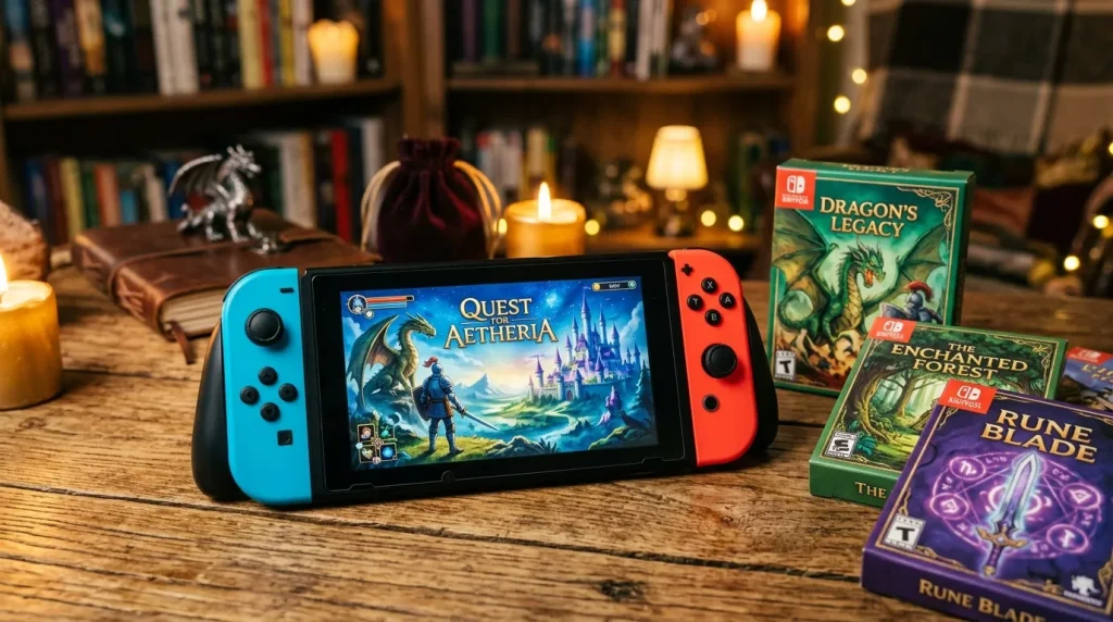 Console Nintendo Switch affichant Quest for Aetheria avec jeux vidéo