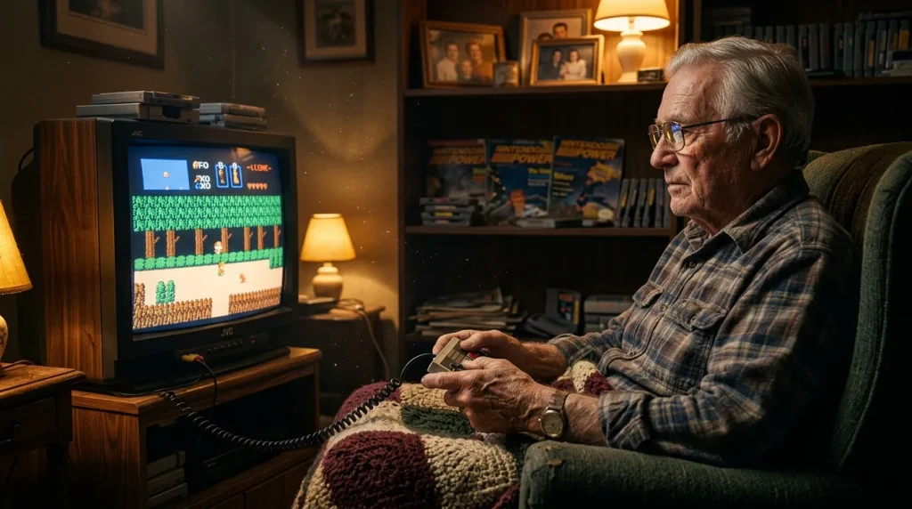 Homme âgé jouant à un jeu vidéo rétro des années 80