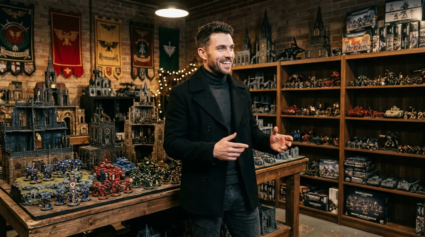 Homme souriant dans sa collection de figurines Warhammer peintes