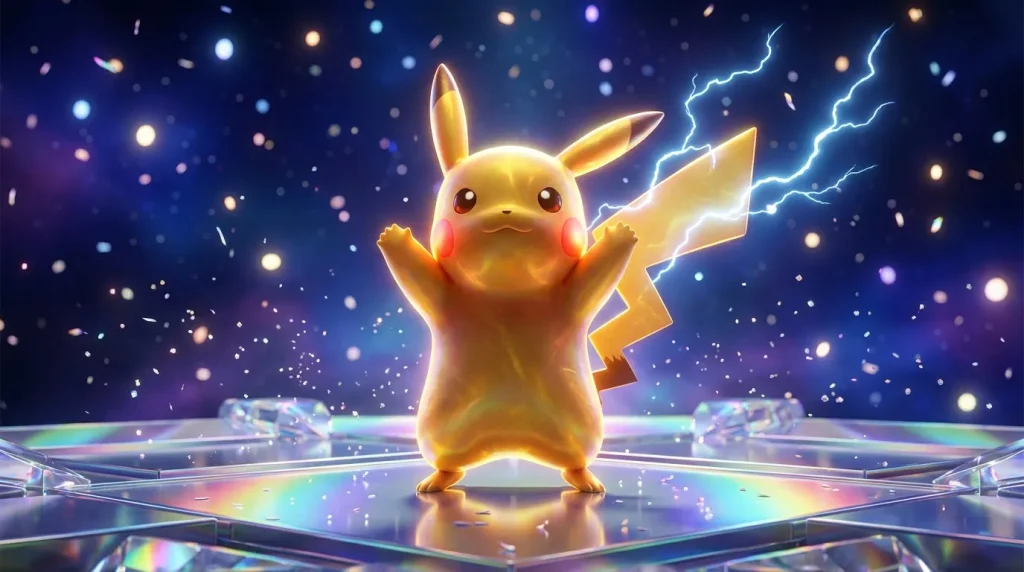 Pikachu jaune avec éclairs bleus sur plateforme brillante
